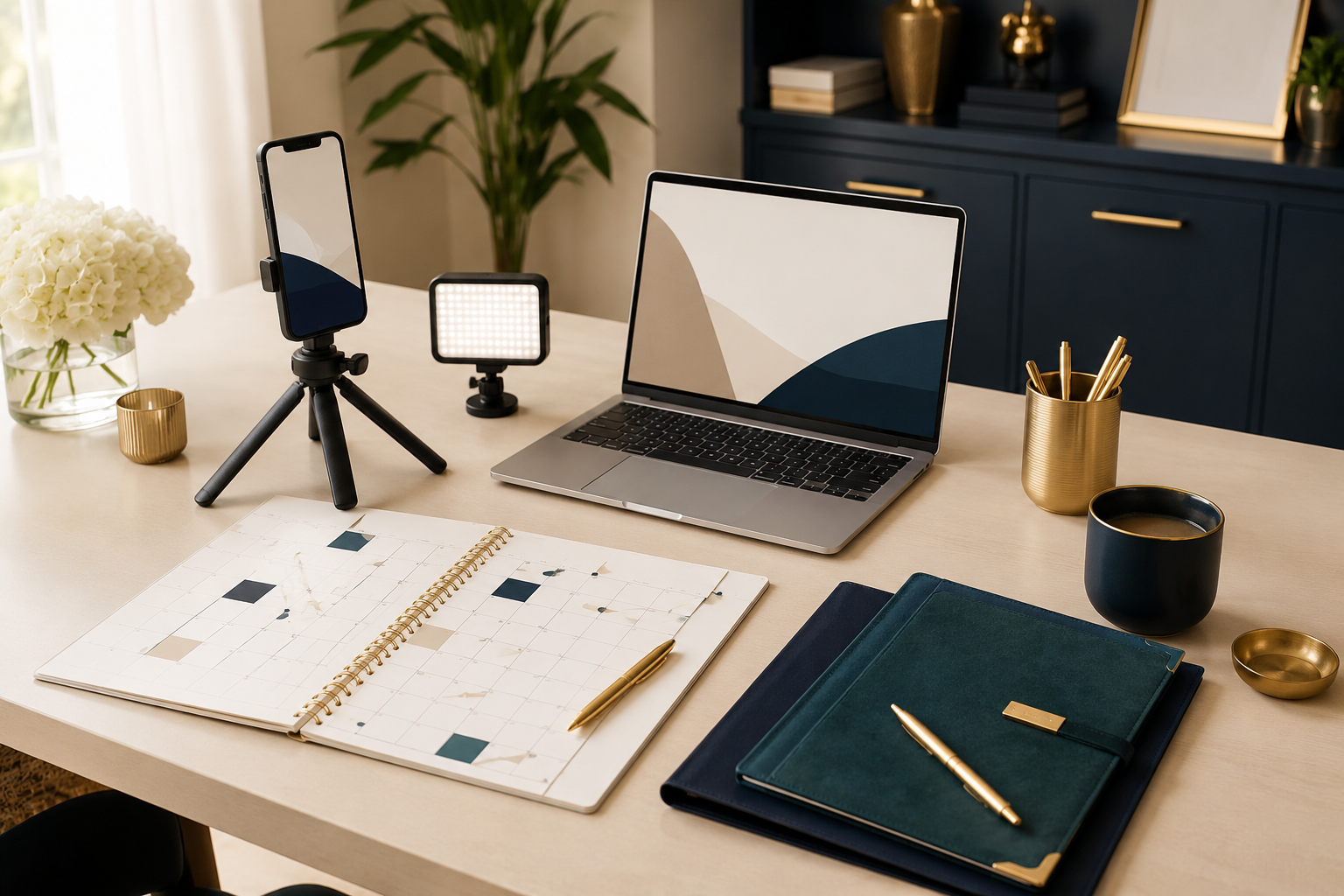 A polished creator workspace with a phone, laptop, content calendar, lighting, and planning tools