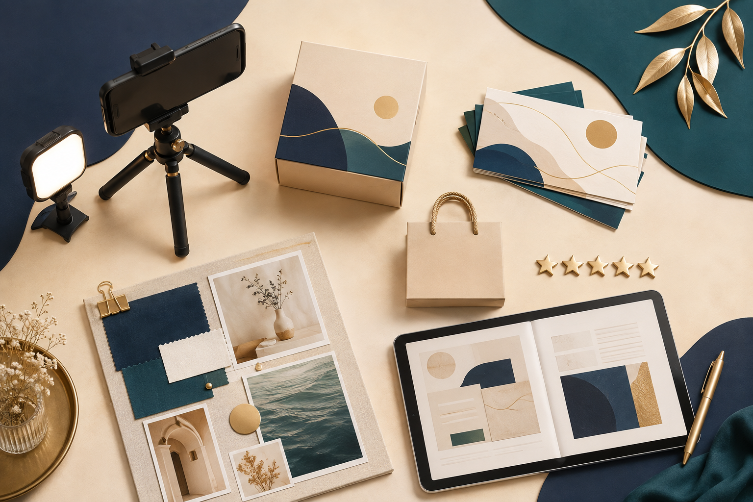 A styled creator workspace representing product content, affiliate income, online shops, and digital products